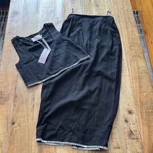 White Closet Elements Australia linen blend Black maxi Skirt set white trim NWT